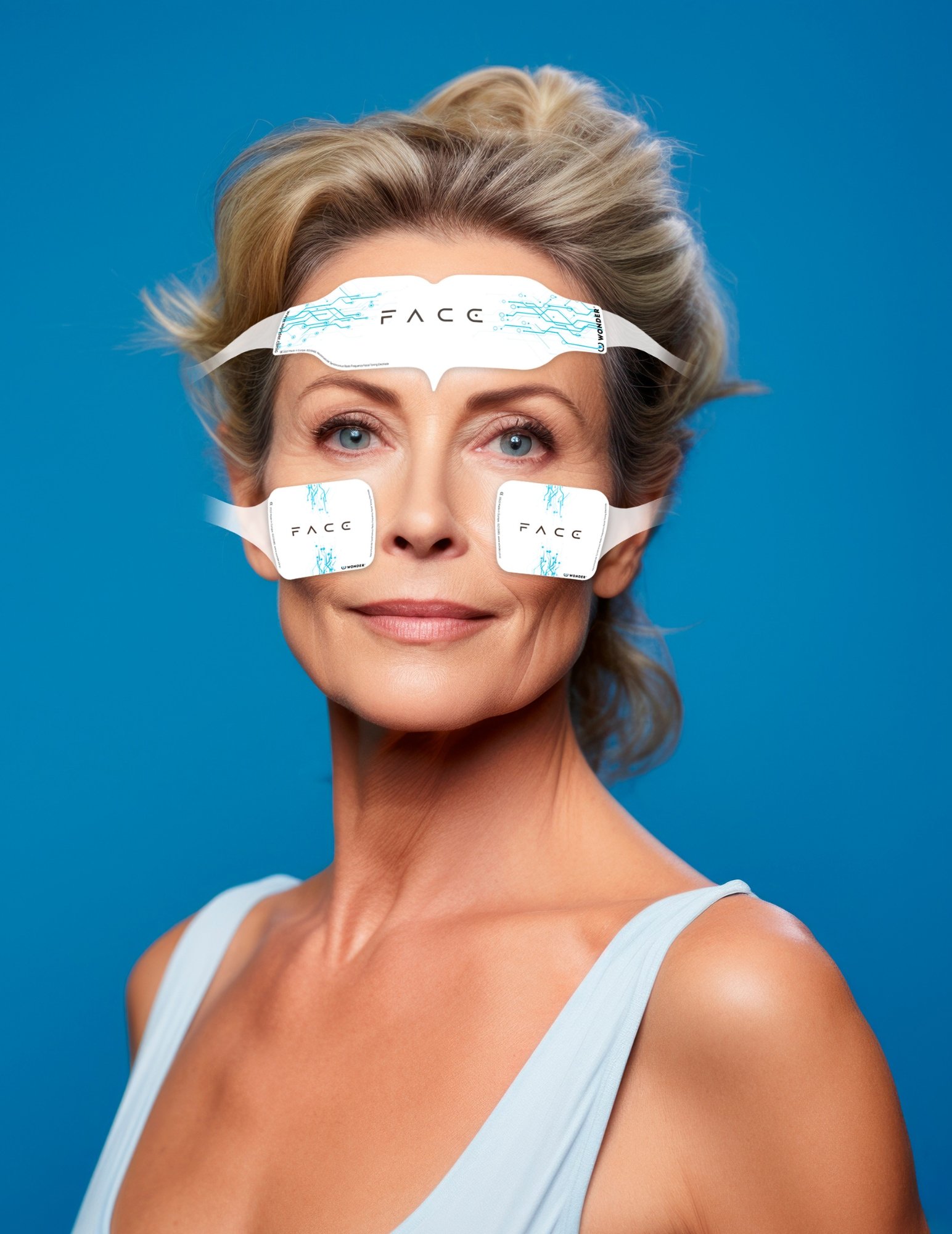 Donna che utilizza WonderFace, il dispositivo di tonificazione facciale